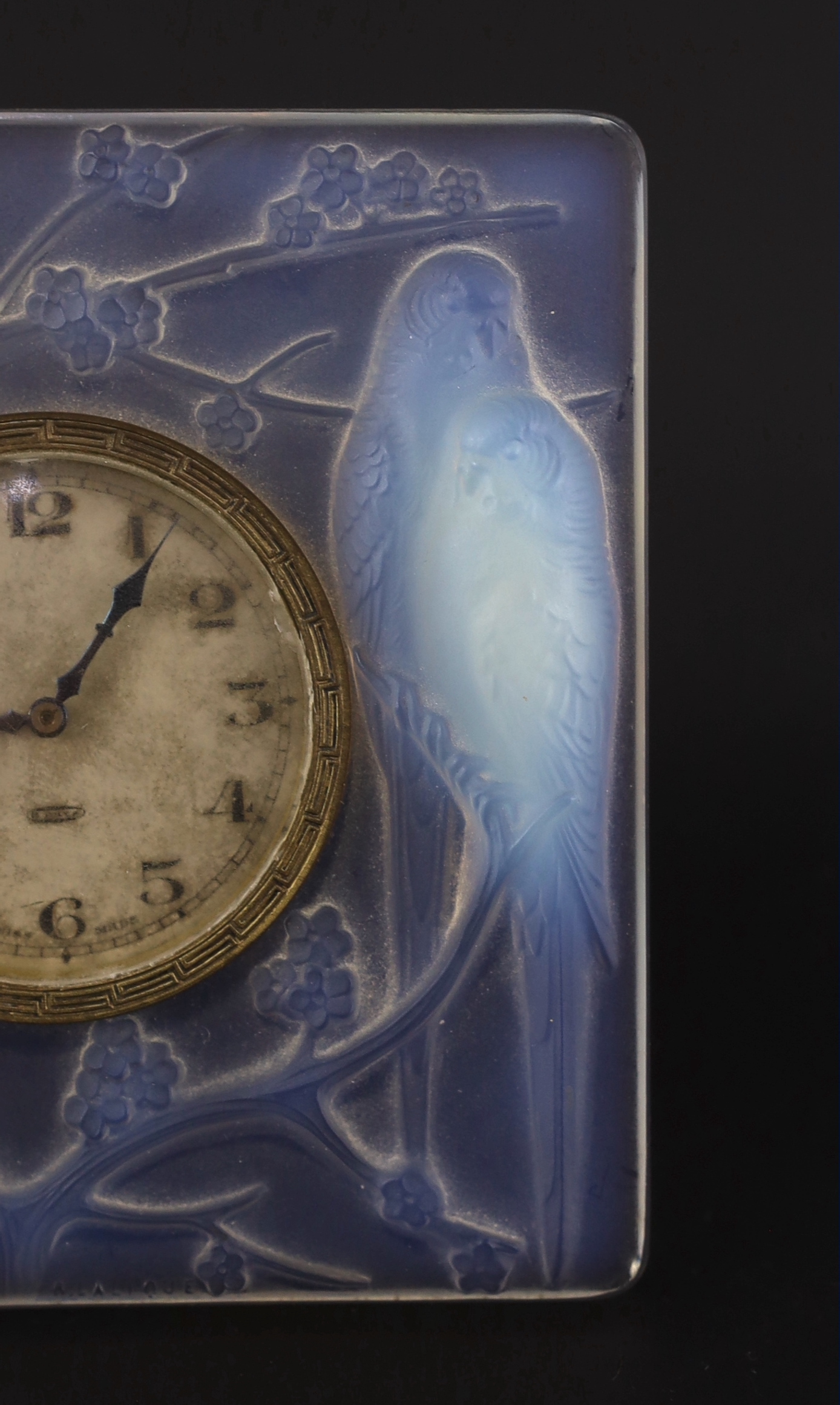 A Rene Lalique Inseparables opalescent glass desk timepiece